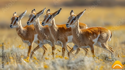 Gazelle herd sprinting swiftly across the savanna to escape a predator. Concept Wildlife photography, Animal behavior, Nature in motion, Savanna ecosystem, Predator-prey interactions photo