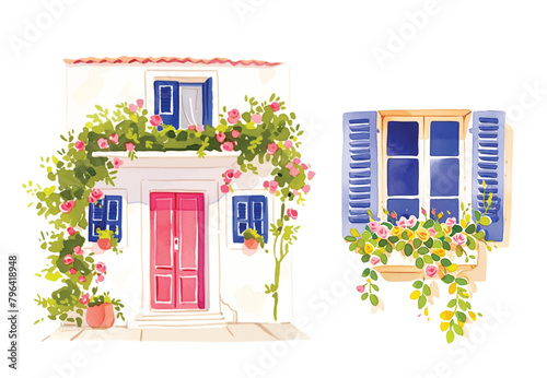 Watercolor wooden door entwined with flowers. Cute image suitable for cards, invitations, weddings, fabric making cozy door with flowers on white background,