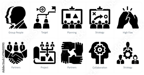 A set of 10 Teamwork icons as group people, target, planning