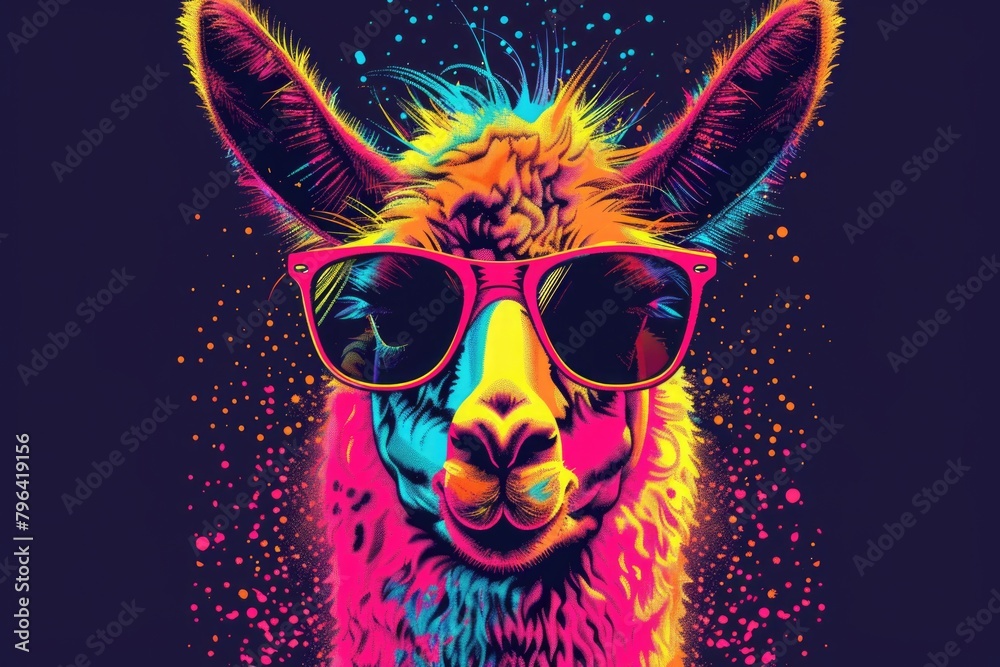 A llama wearing sunglasses on a black background. Perfect for social media posts