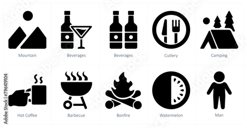 A set of 10 Travel and vacation icons as mountain, bevarages, cutlery
