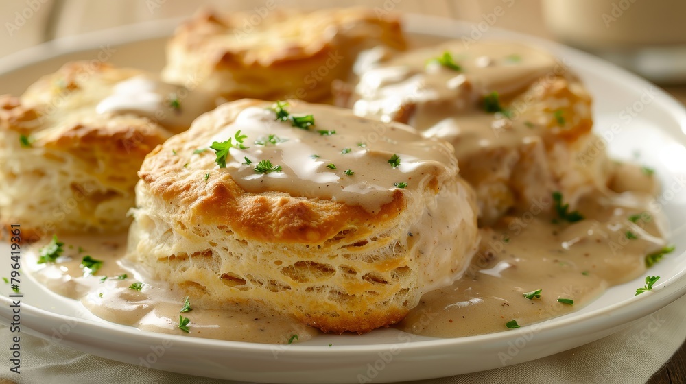 Delicious and healthy biscuits with gravy, using whole wheat biscuits, chicken sausage, and low-fat milk, prepared with less butter, isolated, studio lighting