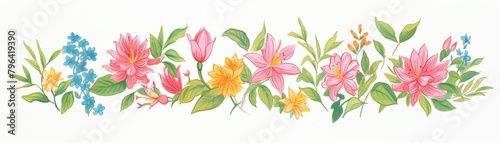A row of various flowers including pink, yellow, orange, and blue flowers with green leaves on a white background.