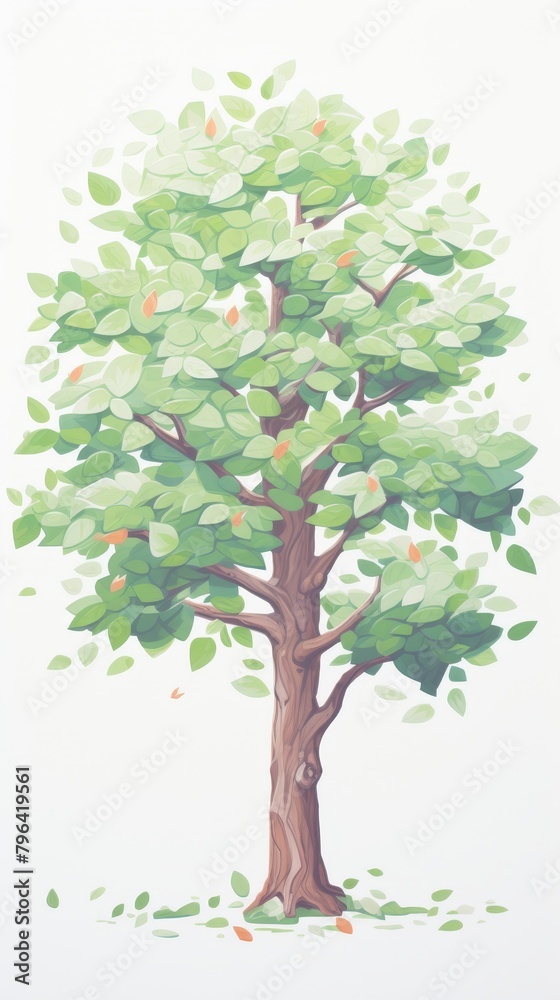 Obraz premium A tall tree with a thick trunk and lush green leaves. The leaves are falling from the tree.