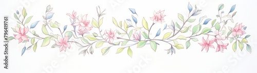 A watercolor painting of a floral branch with pink flowers and blue leaves.