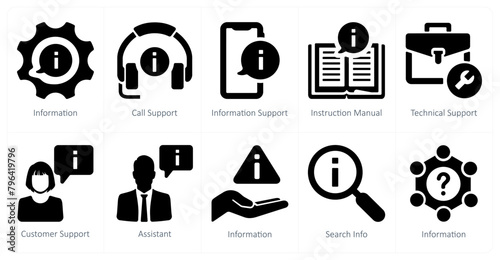 A set of 10 Customer Support icons as information, call support, information support