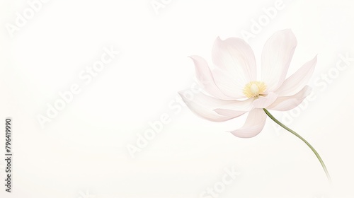 A watercolor painting of a single white flower in full bloom against a pale yellow background.