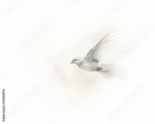 A watercolor painting of a white dove with its wings spread flying towards the right