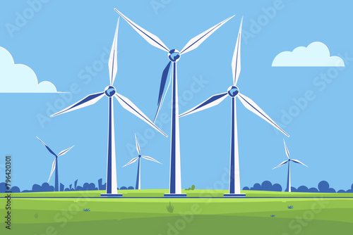 Wind farm, wind turbines in the field, wind towers, renewable energy sources - vector illustration