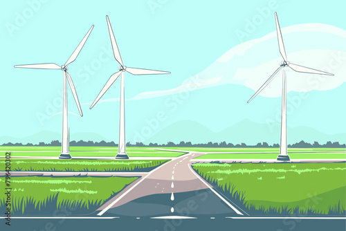 Wind farm, wind turbines in the field, wind towers, renewable energy sources - vector illustration