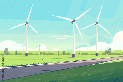 Wind farm, wind turbines in the field, wind towers, renewable energy sources - vector illustration