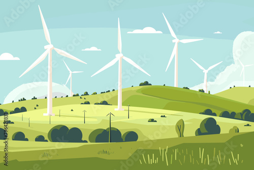 Wind farm, wind turbines in the field, wind towers, renewable energy sources - vector illustration