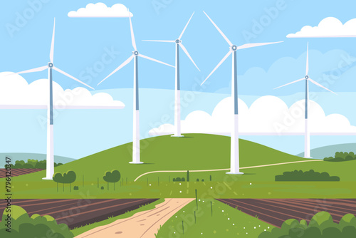 Wind farm, wind turbines in the field, wind towers, renewable energy sources - vector illustration
