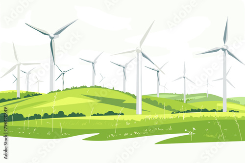 Wind farm, wind turbines in the field, wind towers, renewable energy sources - vector illustration