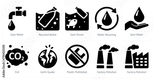 A set of 10 Ecology icons as save water, recycled bottle, save ocean