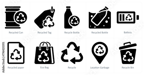A set of 10 Ecology icons as recycled can, recycled tag, recycle bottle