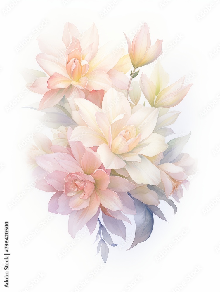 A bouquet of pink and white flowers with green leaves on a white background in a watercolor style