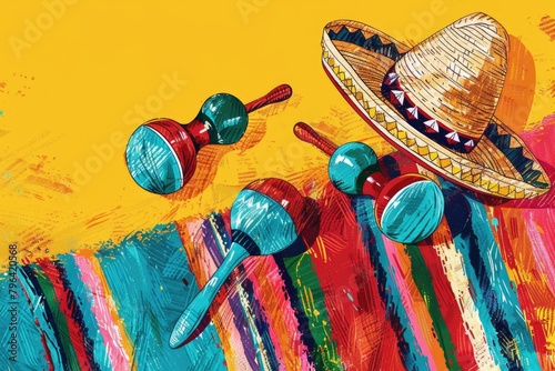 A painting featuring sombre colors with maracas and a hat. Suitable for music or cultural themes