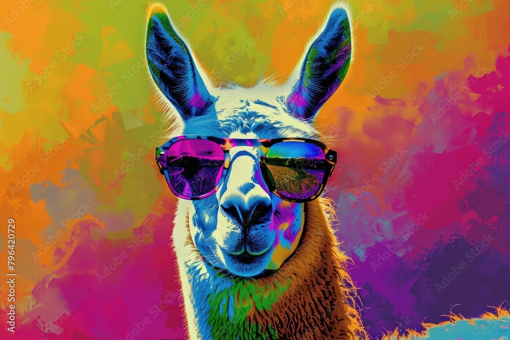 Naklejka premium Close up of a llama wearing sunglasses, perfect for animal lovers and travel blogs