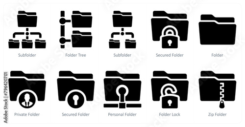 A set of 10 Folder icons as sub folder, folder tree, secured folder