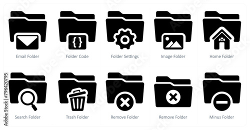 A set of 10 Folder icons as email folder, folder code, folder settings