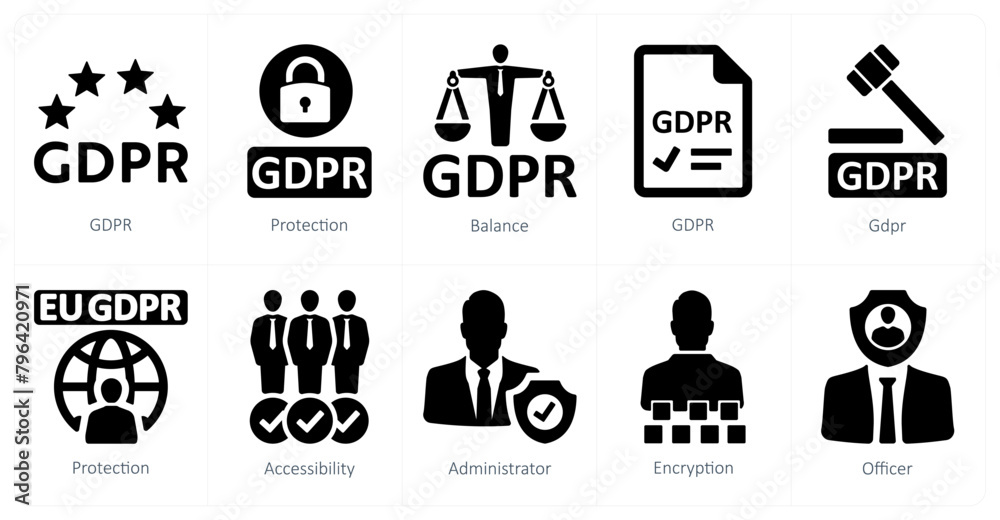 A set of 10 gdpr icons as gdpr, protection, balance A set of 10 gdpr icons as gdpr, protection, balance
