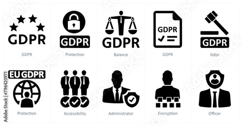 A set of 10 gdpr icons as gdpr, protection, balance