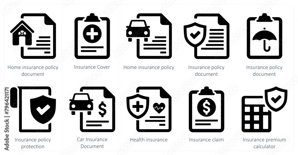 A set of 10 Insurance icons as home insurance policy document, insurance cover, home insurance policy A set of 10 Insurance icons as home insurance policy document, insurance cover, home insurance policy