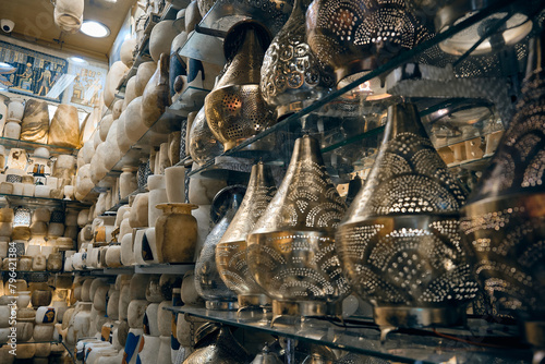 Arabic lamps for sale in egyptian souvenir shop. Traditional middle eastern lanterns. Khan El Khalili market, Cairo, Egypt