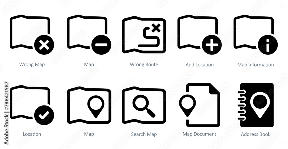 A set of 10 Navigation icons as wrong map, map, wrong route A set of 10 Navigation icons as wrong map, map, wrong route
