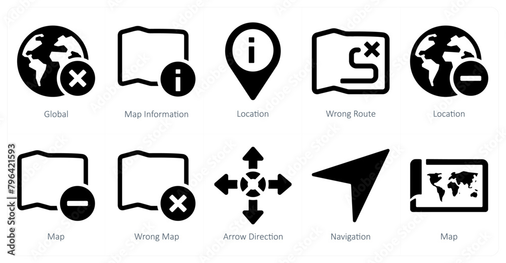 A set of 10 Navigation icons as global, map information, location