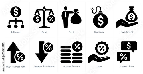 A set of 10 Loan and Debt icons as refinance, debt, currency