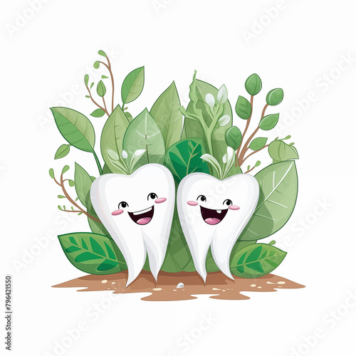 Cute teeth with eyes and a smile grow on a bed in the ground. Milk teeth background of branches and plants