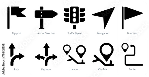 A set of 10 Navigation icons as signpost, arrow direction, traffic signal photo