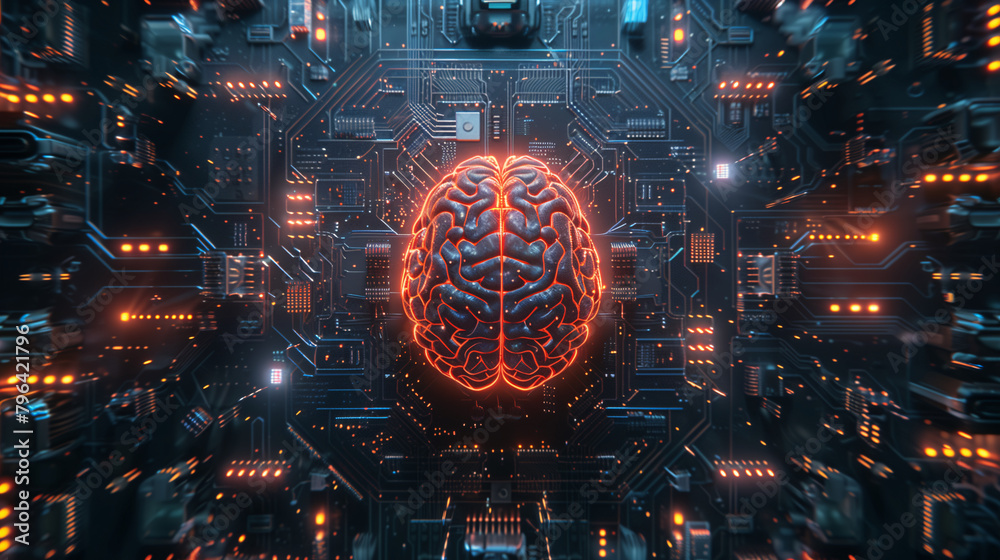 Glowing cybernetic brain, featuring advanced neural networks, forms the nucleus of the futuristic circuit board.