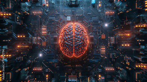 Glowing cybernetic brain, featuring advanced neural networks, forms the nucleus of the futuristic circuit board.