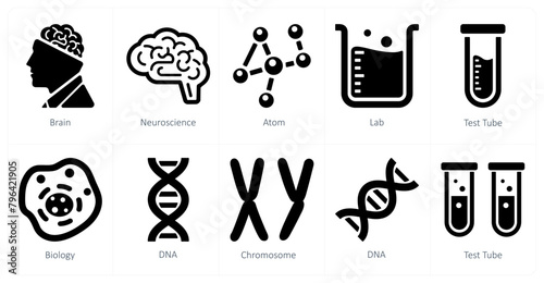 A set of 10 Science and Experiment icons as brain, neuroscience, atom