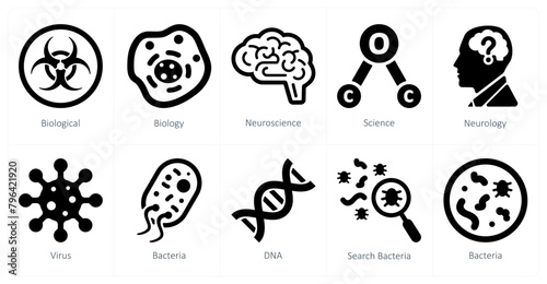 A set of 10 Science and Experiment icons as biological, biology, neuroscience