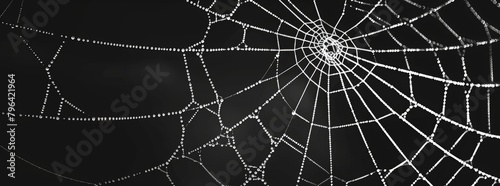 cobweb, black background web halloween design element spider, white line art element for decoration and print on poster, card or wallpaper with copy space isolated. white spider web with dew drops © Sabina Gahramanova