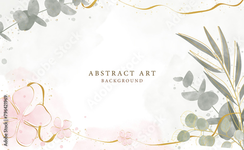 Abstract art background vector. Luxury minimal style wallpaper with golden line art flower and botanical leaves, Organic shapes, Watercolor. Vector background for banner, poster, Web and packaging.