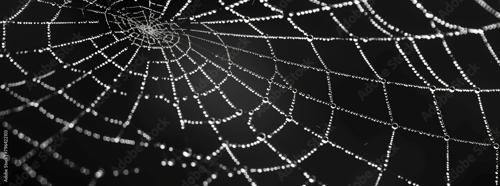 cobweb, black background web halloween design element spider, white line art element for decoration and print on poster, card or wallpaper with copy space isolated. white spider web with dew drops