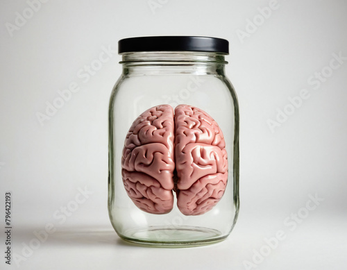 Human Brain Inside The Glass Jar, Isolated On White Background, Ai Illustration
