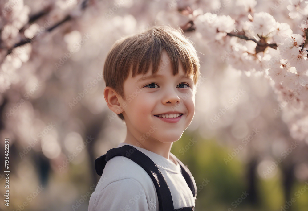 Portrait of a little boy smiling against the backdrop of a blooming cherry orchard Portrait of a little boy smiling against the backdrop of a blooming cherry orchard