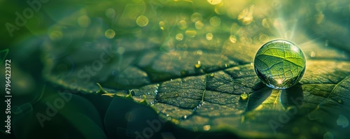 A dewdrop clings to a leaf, magnifying the intricate veins beneath, a microcosm of life captured in a single, shimmering sphere, background concept photo