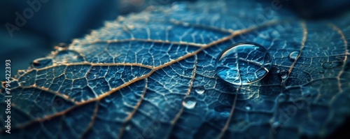 A dewdrop clings to a leaf, magnifying the intricate veins beneath, a microcosm of life captured in a single, shimmering sphere, background concept photo