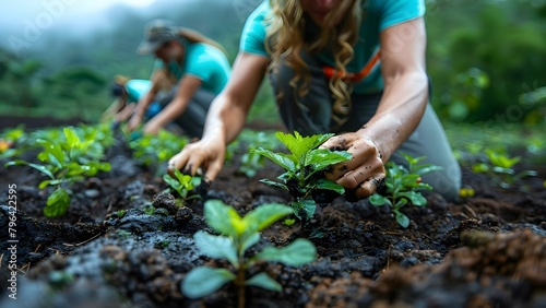 Volunteers plant trees in deforested areas to restore habitats and sequester carbon. Concept Environmental Conservation, Reforestation Efforts, Habitat Restoration, Carbon Sequestration photo