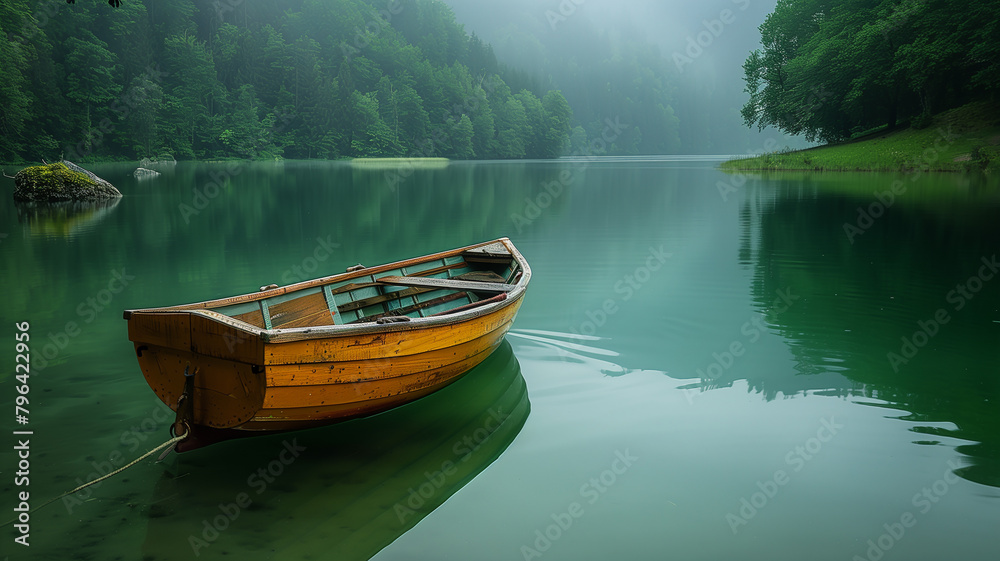 Single boat waiting on calm green on the lake