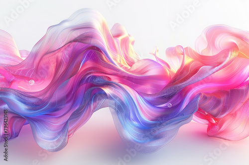 3D render of an abstract, fluid shape with iridescent colors and shiny highlights on white background. 