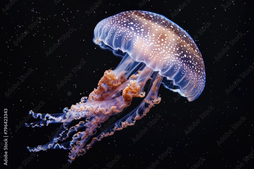 A jellyfish floating in the water at night. Suitable for marine life concepts