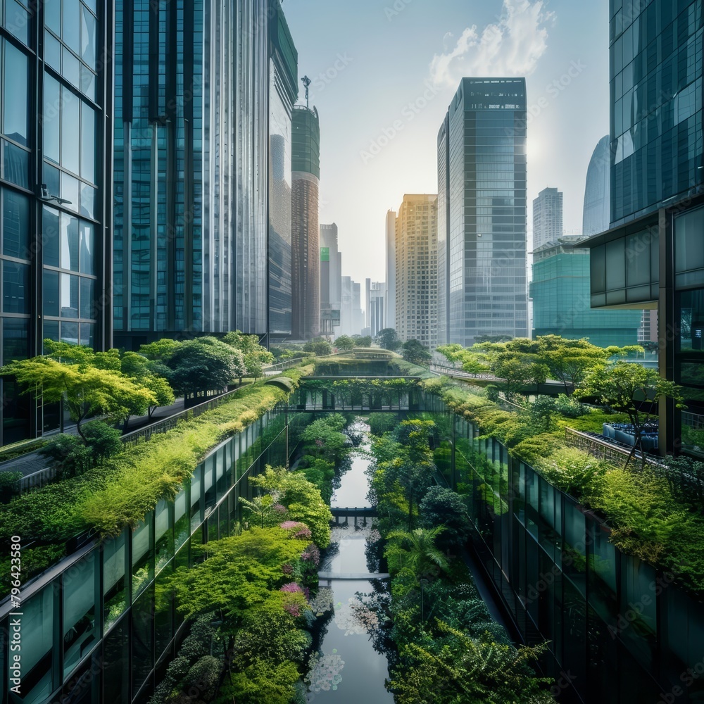Fototapeta premium As urban areas expand, green infrastructure projects are increasingly adopted to reduce air pollution and enhance city livability, science concept
